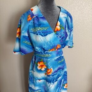 Royal Hawaiian Womens Blue Tropical Floral Palm Trees Maxi Dress Size 16 Vintage